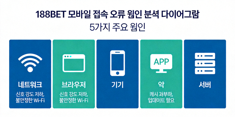 188BET 모바일 접속 오류 원인 분석 다이어그램 - 네트워크, 브라우저, 기기, 앱, 서버 등 5가지 주요 원인을 보여주는 인포그래픽