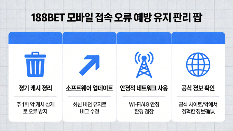 188BET 모바일 접속 오류 예방을 위한 유지 관리 팁 인포그래픽 - 정기 캐시 정리, 소프트웨어 업데이트, 안정적 네트워크 사용, 공식 정보 확인 등을 아이콘과 함께 설명