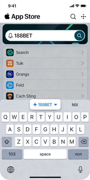 Apple App Store 검색창에 188BET을 입력하는 화면 예시